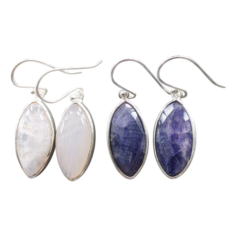 Dangling Marquise Silver Earrings with Moonstones or Lapis
