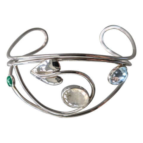 Verdure Silver Moonstone Topaz Onyx Cuff Bangle