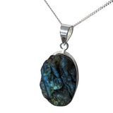 Natural Uncut Labradorite Silver Pendant and Chain