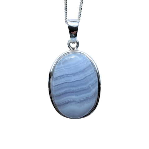 Striated Blue Agate Silver Pendant and Chain