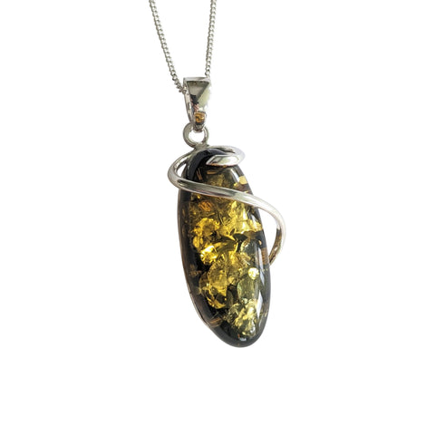 Aurum Green Amber Silver Pendant and Chain
