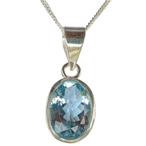 Cerulean Blue Topaz Silver Pendant and Chain