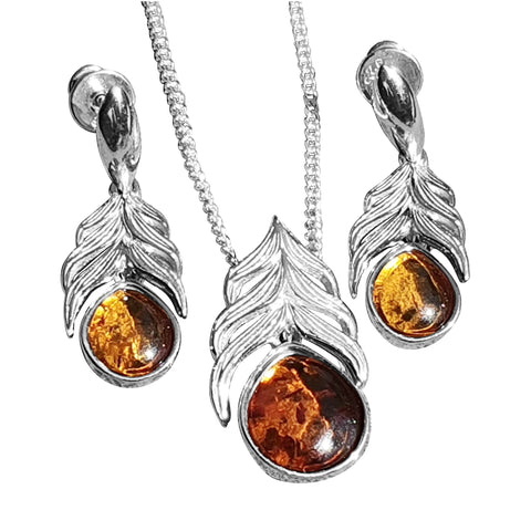 Feather Amber pendant and Earrings