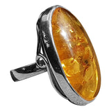 Elongated Cognac Amber  Silver Ring