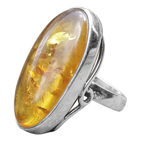 Elongated Cognac Amber  Silver Ring