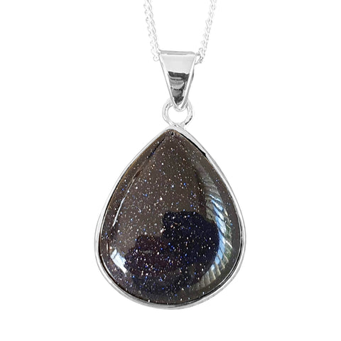 Blue Goldstone Teardrop Pendant and Chain