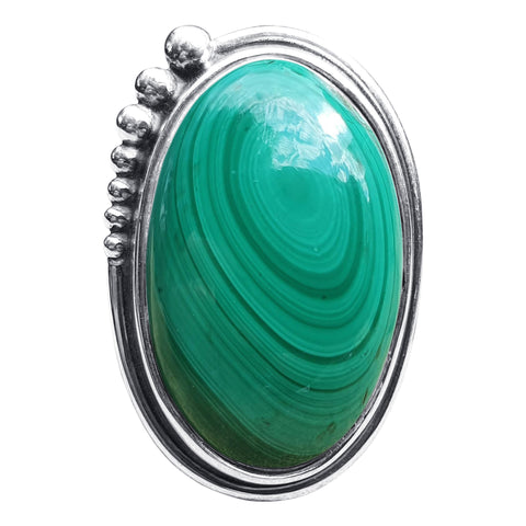 Large Malachite Silver Beaded Ring