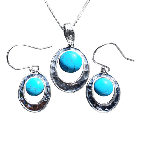 Textured Silver Turquoise Pendant and Earrings