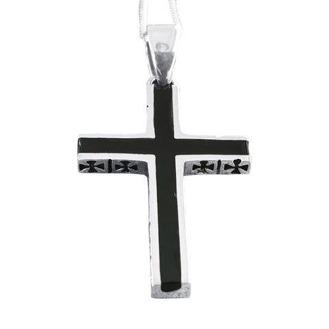 Black Onyx Silver Detailed Cross