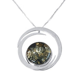 Double Crescent Green Amber Silver Pendant and Chain