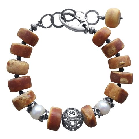 Raw Amber Pearl and Silver Bracelet