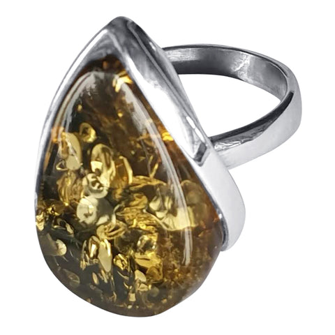 Green Glinting Amber Ring