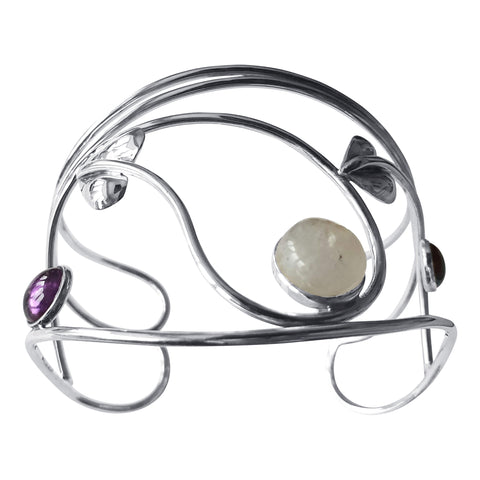 Moonstone Garnet Amethyst Entwined Silver Bangle