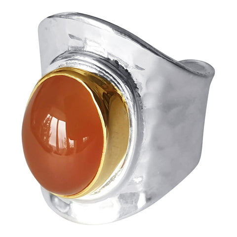 Carnelian Silver Hammered Gold Plate Embelished Ring