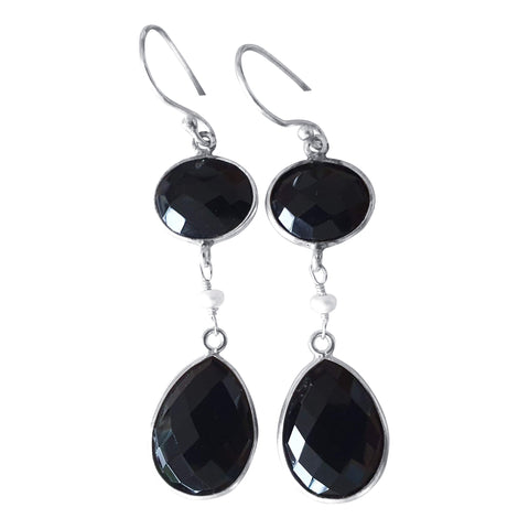 Black Onyx Faceted Silver Drop Earrings