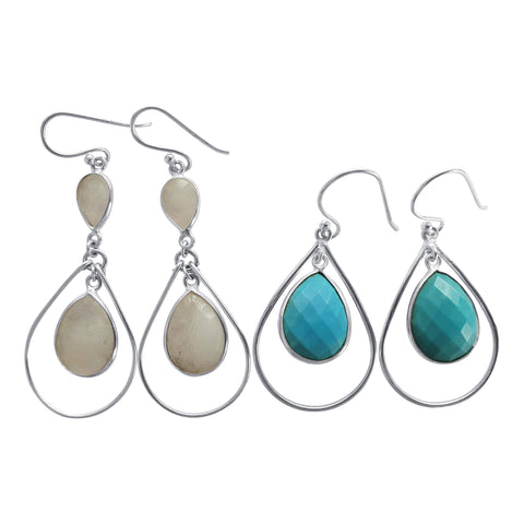 Moonstone and Turquoise Dangling Silver Earrings