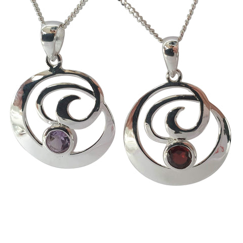 Amethyst or Garnet Silver Twirl Pendant with Chain