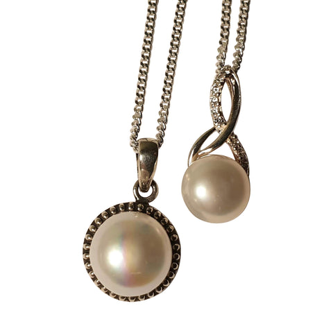 Round Pearl Pendants with Hammered Silver Design