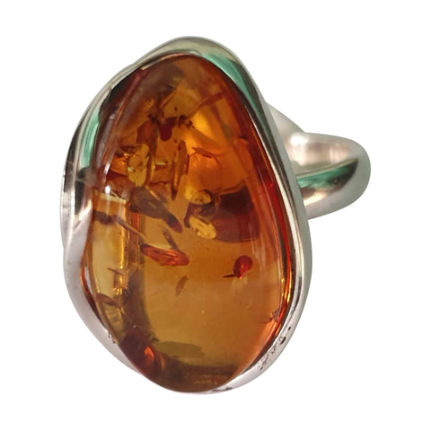 Golden Cognac Amber Silver Ring