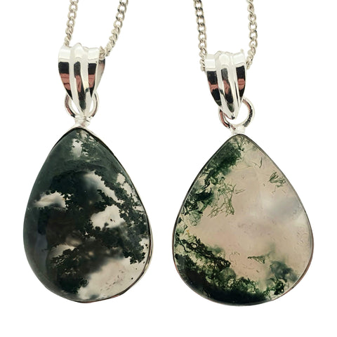 Olive Moss Agate Silver Pendant and Chain