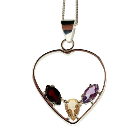 Trio Silver Heart Pendant with Amethyst Garnet and Citrine Gemstones