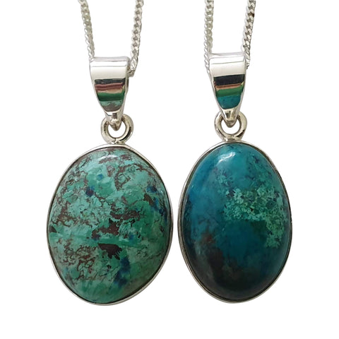 Ovoid Azurite Malachite Silver Pendants and Chain