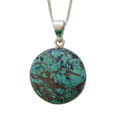 Circular Azurite Malachite Silver Pendant and Chain