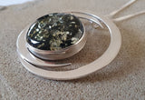 Double Crescent Green Amber Silver Pendant and Chain