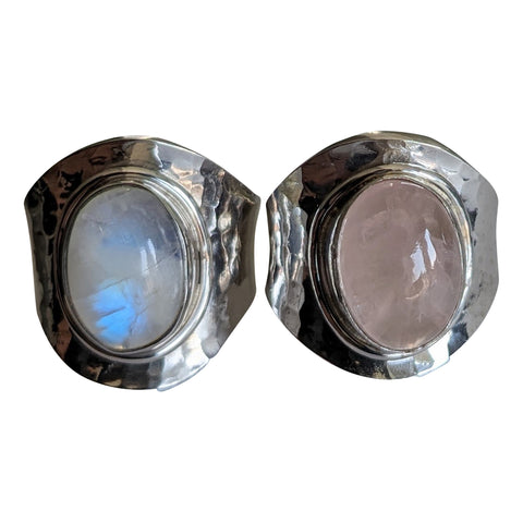Moonstone/Rose Quartz Hammered Silver Rings