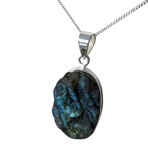 Natural Uncut Labradorite Silver Pendant and Chain