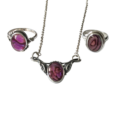 Pink Paua Shell Silver Necklace and Rings