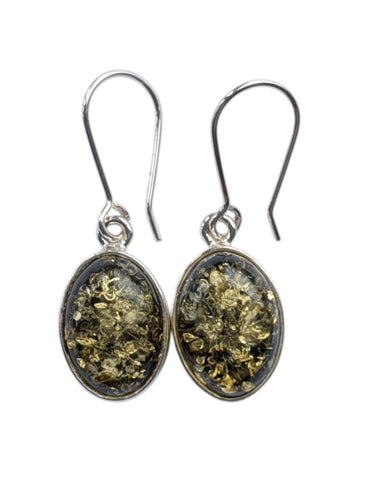 Olive Green Amber Silver Earrings