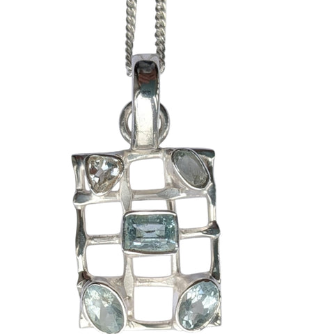 Meshed Blue Topaz Silver Pendant with Chain