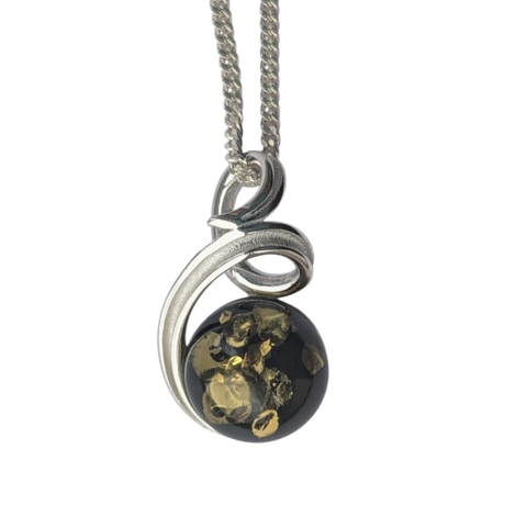Tenebris Green Amber Silver Pendant and Chain