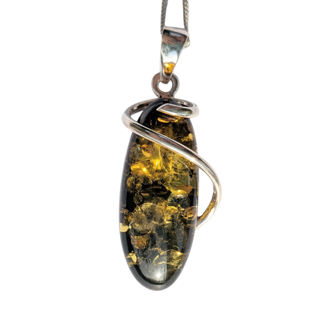Aurum Green Amber Silver Pendant and Chain
