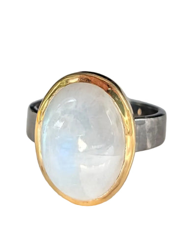 Gold Oxidised Silver Moonstone Ring