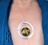 Double Crescent Green Amber Silver Pendant and Chain