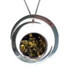Double Crescent Green Amber Silver Pendant and Chain