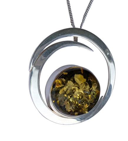 Double Crescent Green Amber Silver Pendant and Chain