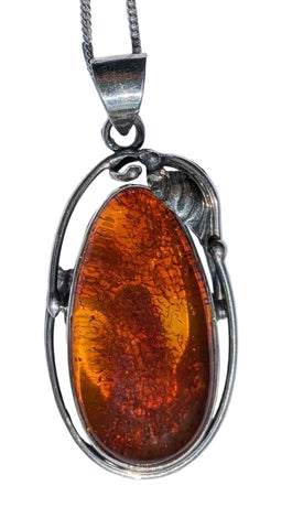 Yezi  Amber Silver Pendant and Chain