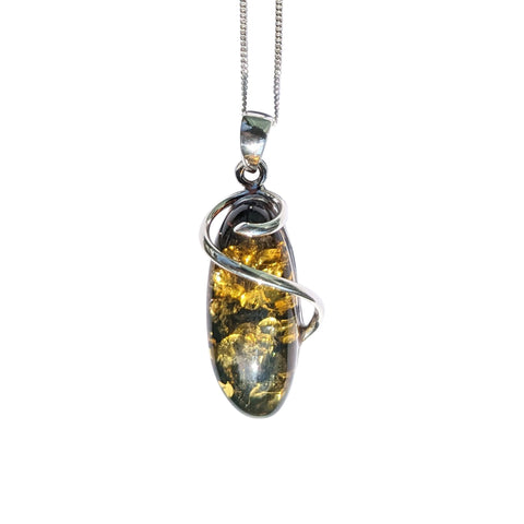 Aurum Green Amber Silver Pendant and Chain