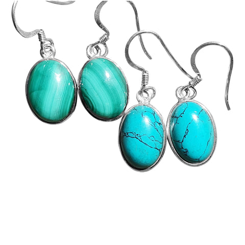 Silver Oval Earrings Turquoise & Malachite Gemstones