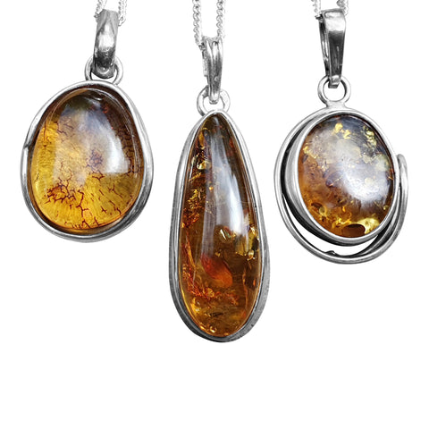Unique Amber Pendants with Silver Chains