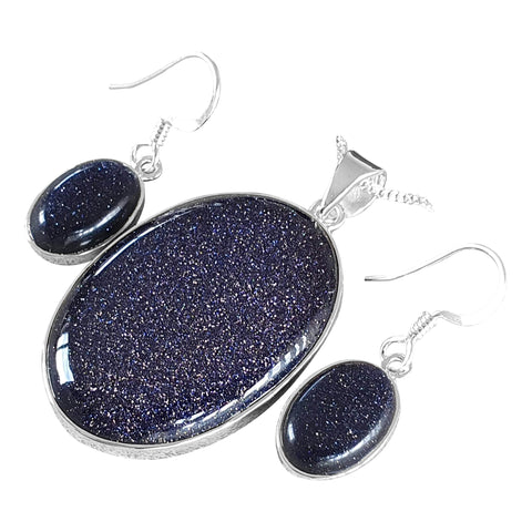 Blue Goldstone Pendant and Earrings