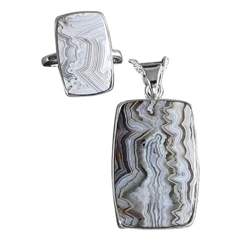 Oblong Crazy Lace Agate Pendant and Ring