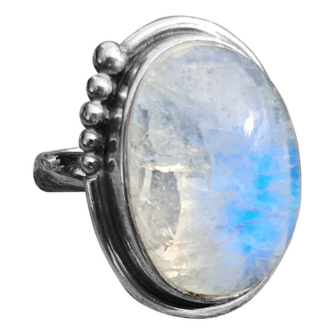 Large Moonstone Silver Beaded Ring