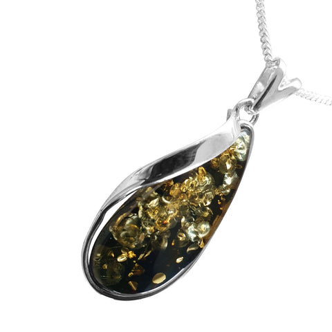 Green Amber Dewdrop Pendant and Chain