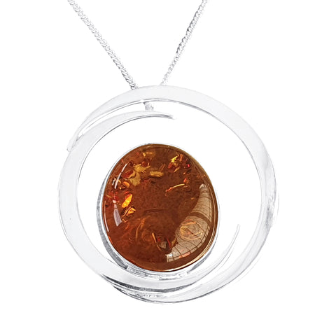 Cognac Amber Double Crescent Silver Pendant and Chain