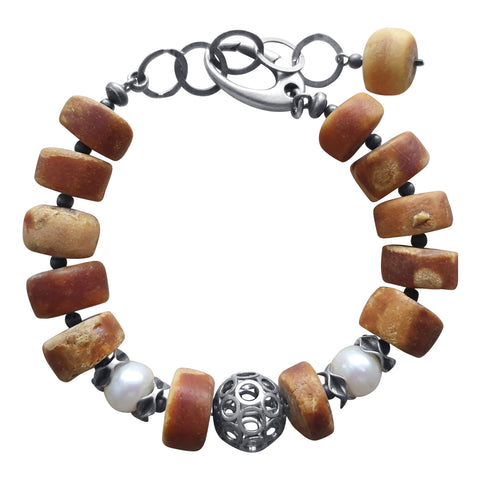Raw Amber  Pearl  and Silver Bracelet