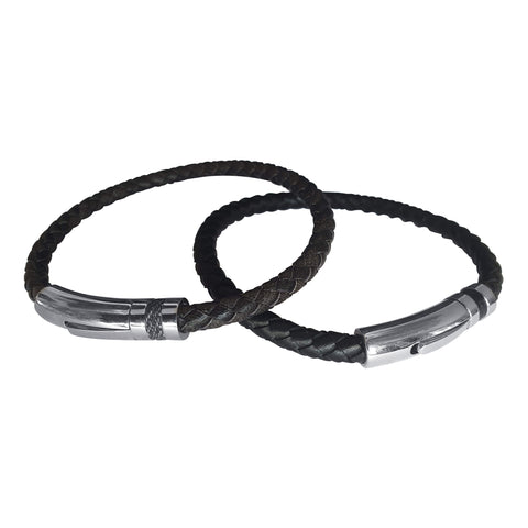 Black Leather Bangle with Steel Clasp